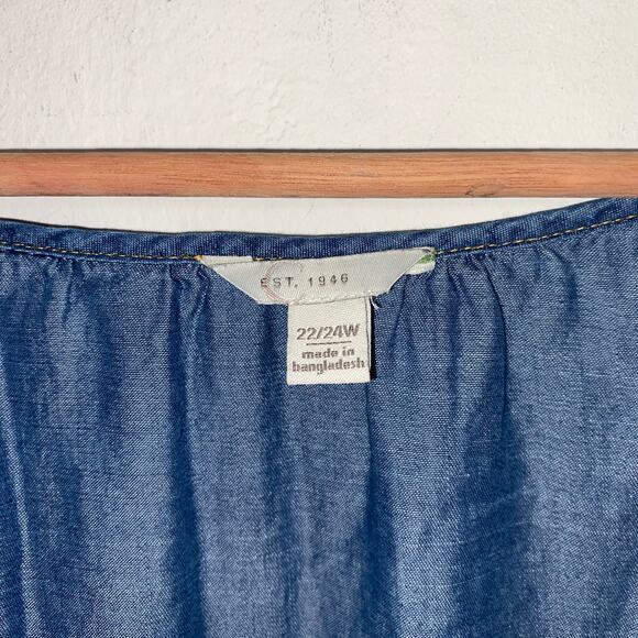 Blue Chambray Embroidered Prairie Top 22/24W Bell Sleeves Boho Fall Cottagecore - Picture 3 of 6